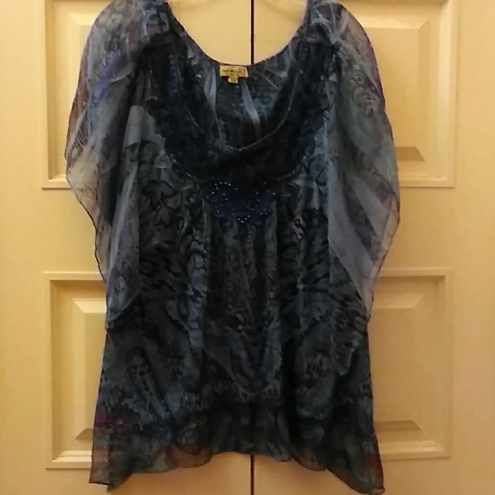 One World Flutter Sleeve Blouse Blue Sz 1X